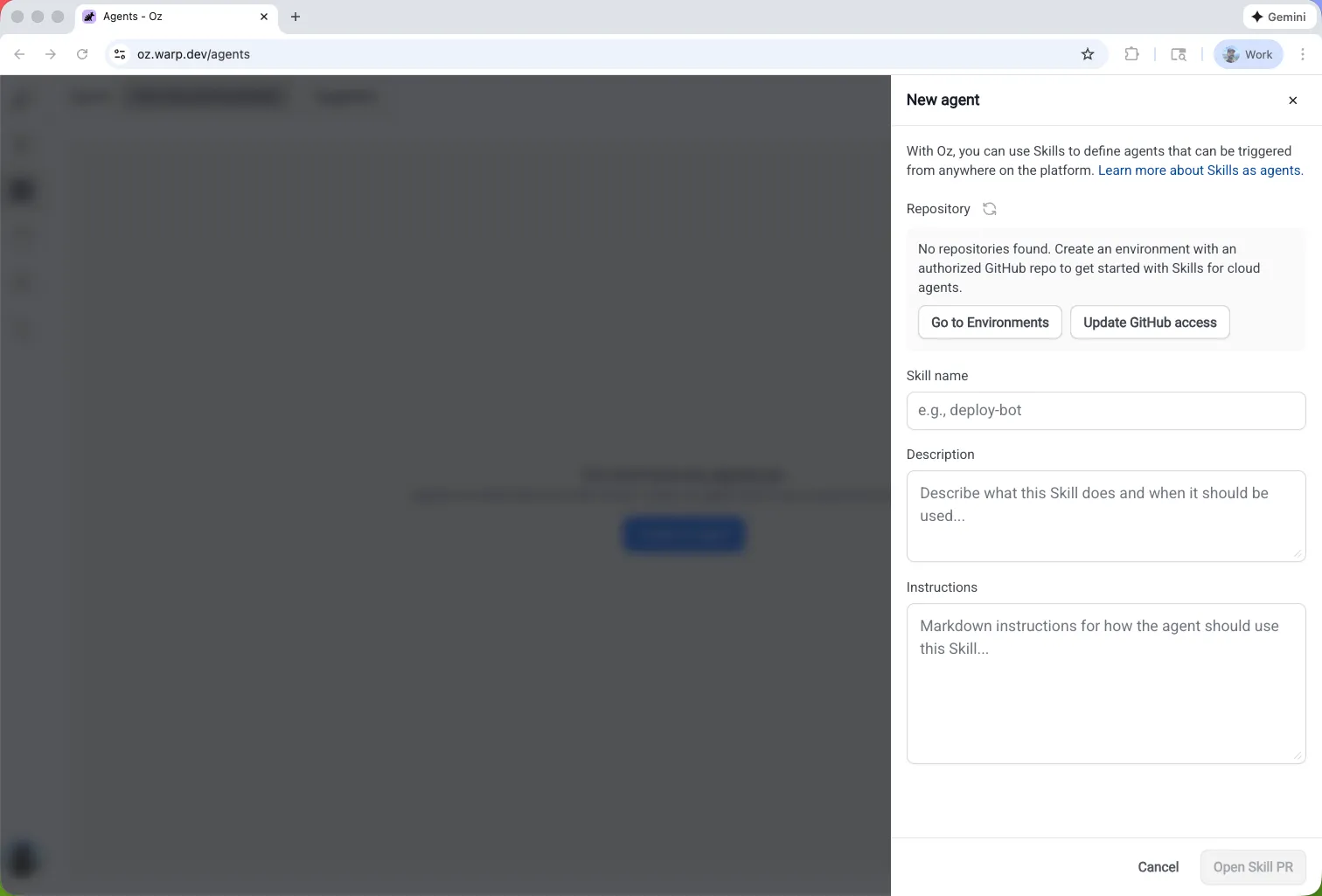 Creating a new agent skill in the Oz web app.